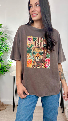 Camiseta Leopardo Negro Delavado