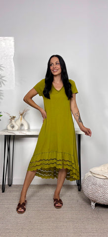 Vestido Basic Algodon Volante Brocado Verde Oliva